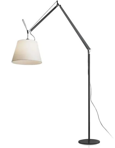 Lámpara de pie Artemide Tolomeo Mega con carcasa negra y pantalla de pergamino de 32 cm con regulador