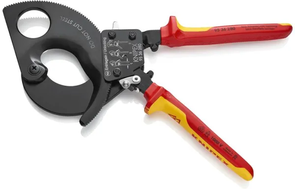 Cizalla para cables Knipex (sistema de trinquete) pintada en negro, certificada por VDE 280 mm